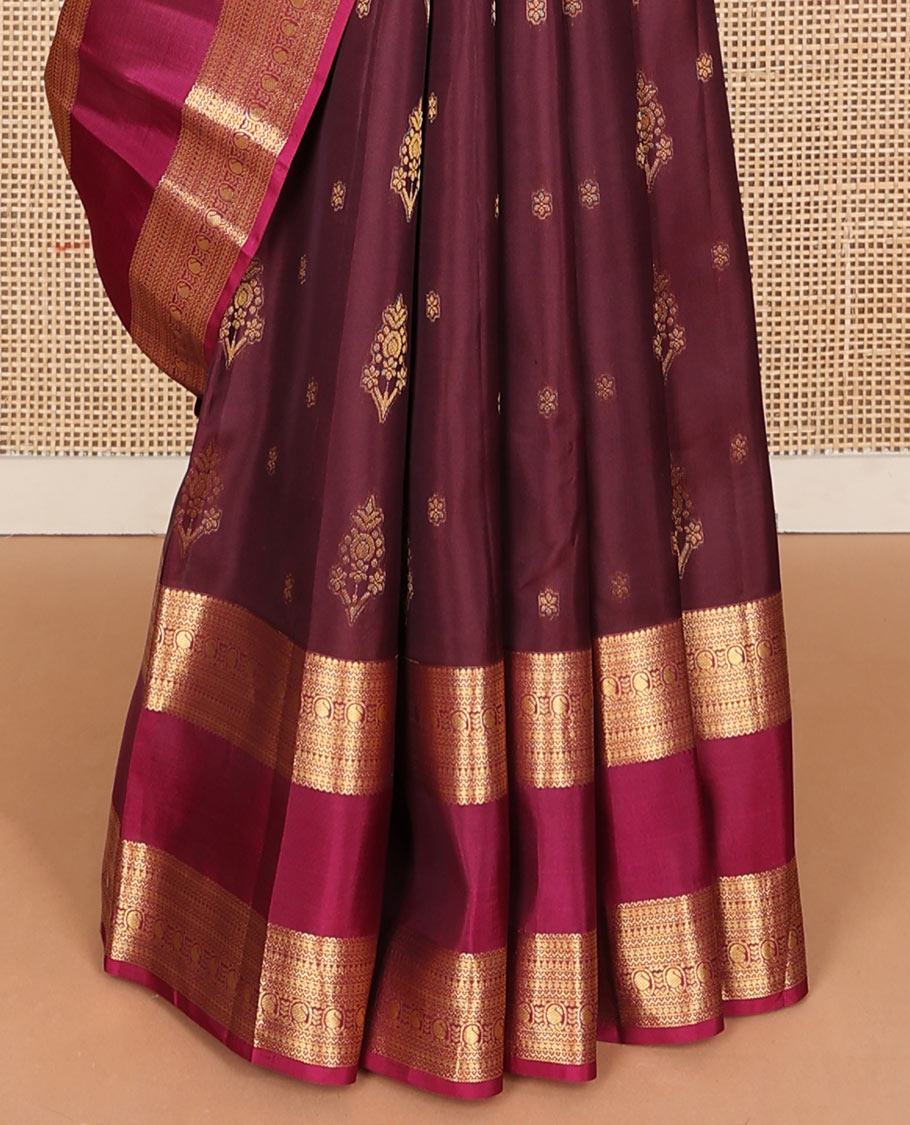 Brown zari buttas Vasundhara silk mix saree, contrast rettai pettu traditional zari border & paiyaadi kann pallu