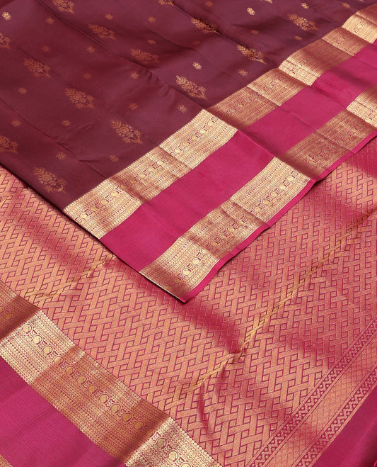 Brown zari buttas Vasundhara silk mix saree, contrast rettai pettu traditional zari border & paiyaadi kann pallu
