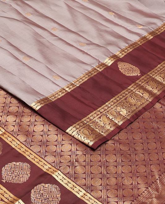 Grey zari buttas silk saree, contrast border of muthu,banaras,rudraksham design & mayil & pallu of rudraksham motifs