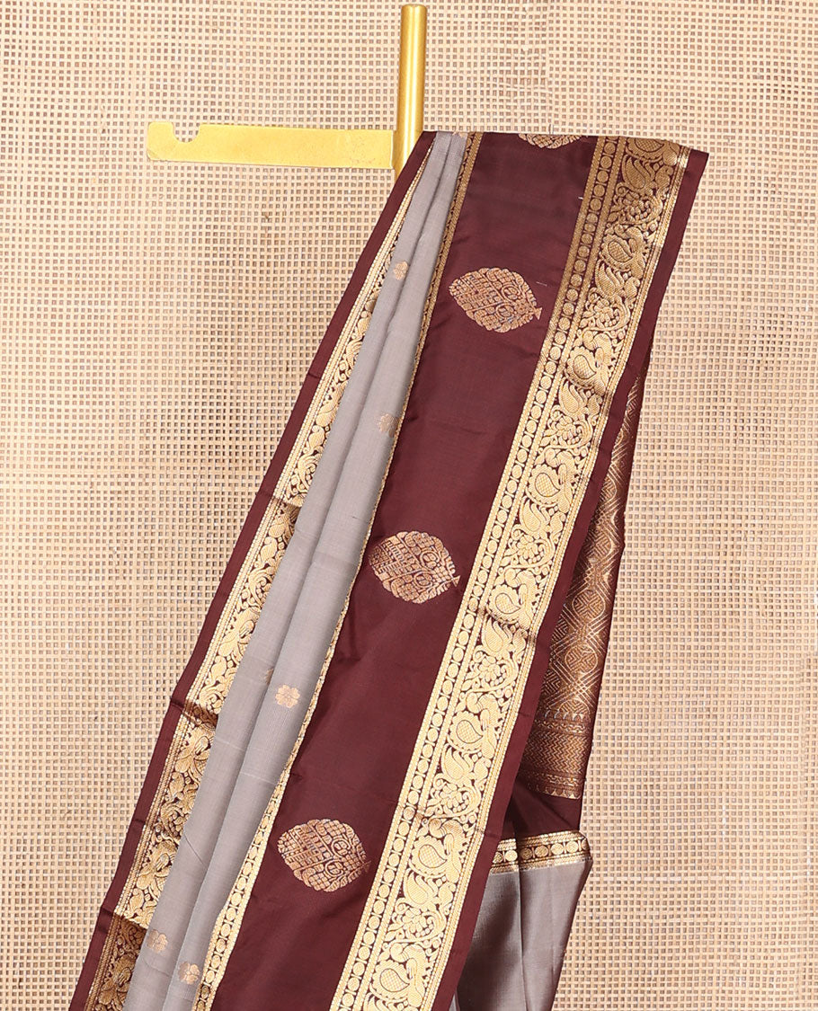 Grey zari buttas silk saree, contrast border of muthu,banaras,rudraksham design & mayil & pallu of rudraksham motifs