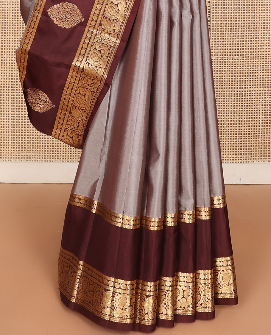 Grey zari buttas silk saree, contrast border of muthu,banaras,rudraksham design & mayil & pallu of rudraksham motifs