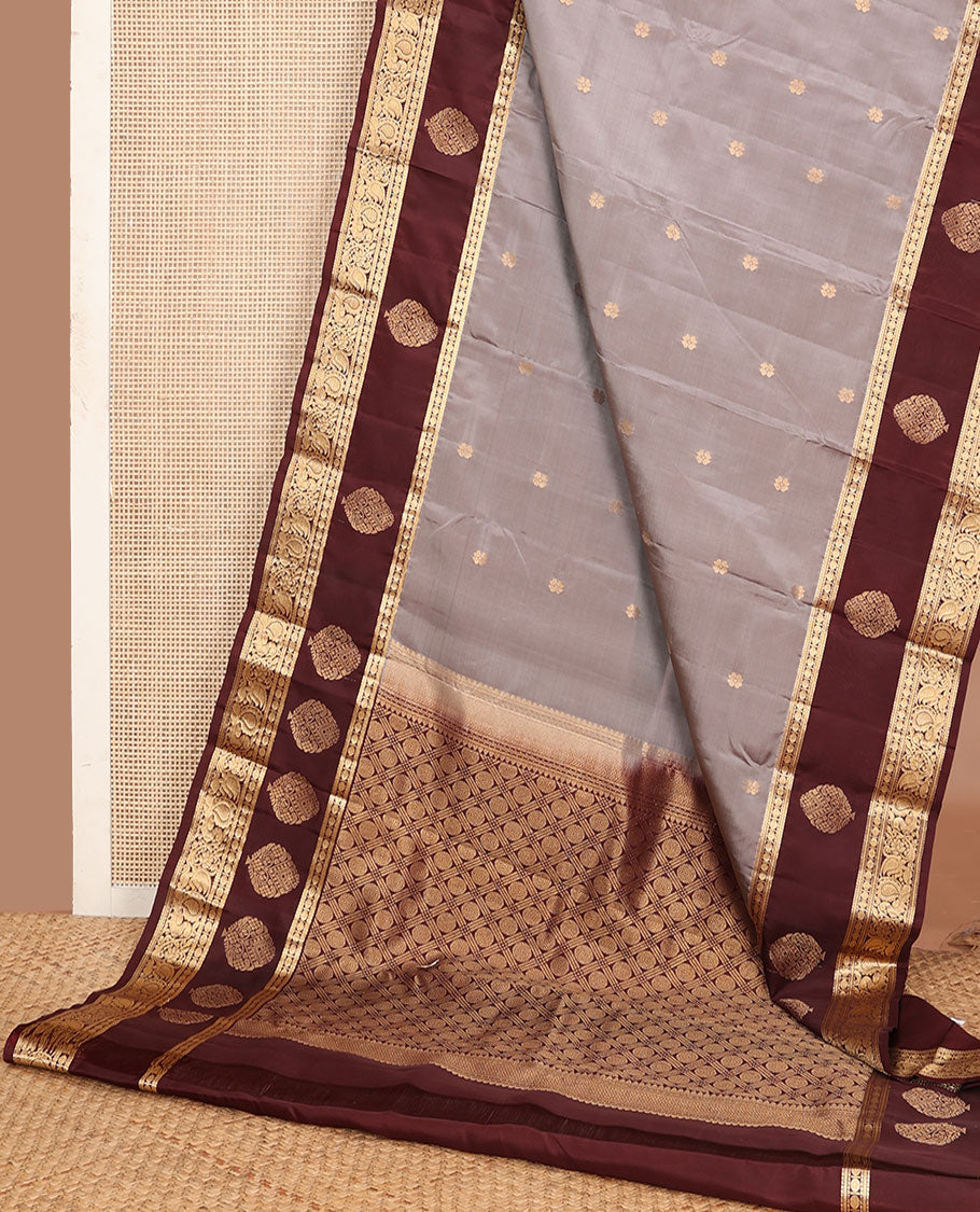 Grey zari buttas silk saree, contrast border of muthu,banaras,rudraksham design & mayil & pallu of rudraksham motifs