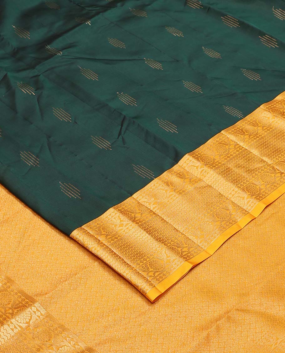 Green zari buttas Vasundhara silk mix saree, contrast border of banaras, vanki and kodi visiry, and intricate pallu