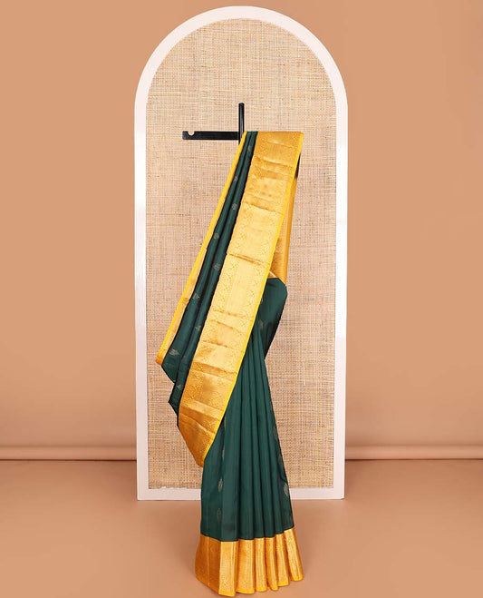 Green zari buttas Vasundhara silk mix saree, contrast border of banaras, vanki and kodi visiry, and intricate pallu
