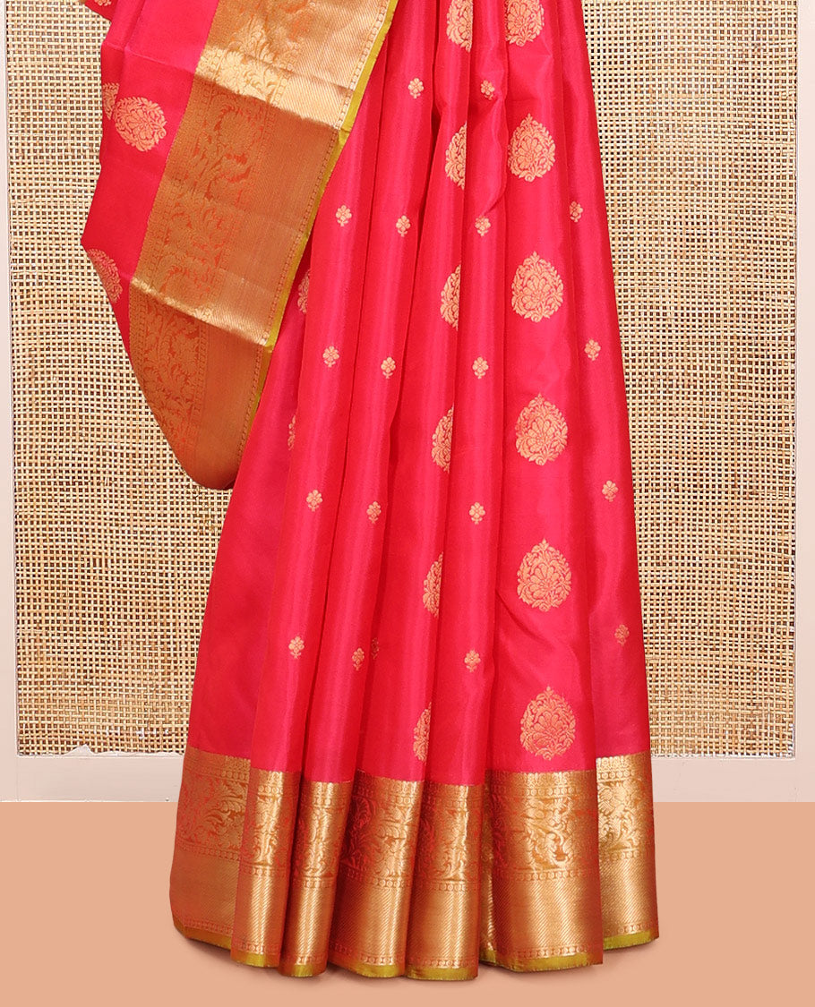 Red Vasundhara Lite Silk Mix Saree, Prettified with Zari Buttas, a Contrast Kodi Visiry Border, Grand Pallu, and a Contrast Blouse