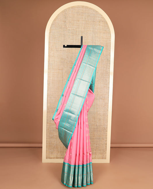 Baby pink buttas silk saree with contrast border of thilakam mokku, banaras, paun, kodi visiry design & floral design pallu