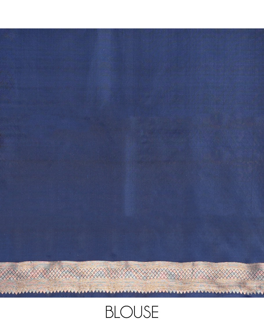 Blue Vasundhara Silk Saree Gleamed Up with Zari Buttas  All Over Its Body, Highlighted by a Zari Border of Wedding-Themed Bridegroom Designs, Pallu Majestically Detailed with Jaal Designs, and Paired with a Matching Blouse