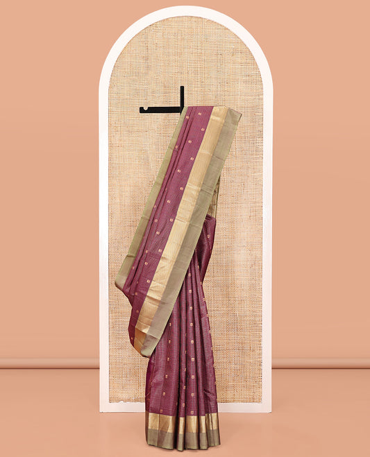 Maroon Vasundhara Silk Saree, Finely Crafted with Zari Butta and Checks All Over Its Body, Complemented by a Contrast Kal Eragina Border of Ara Bogudi, Muthu, and Ara Maadam Designs, Grand Jaal Pallu, and Paired with a Contrast Blouse