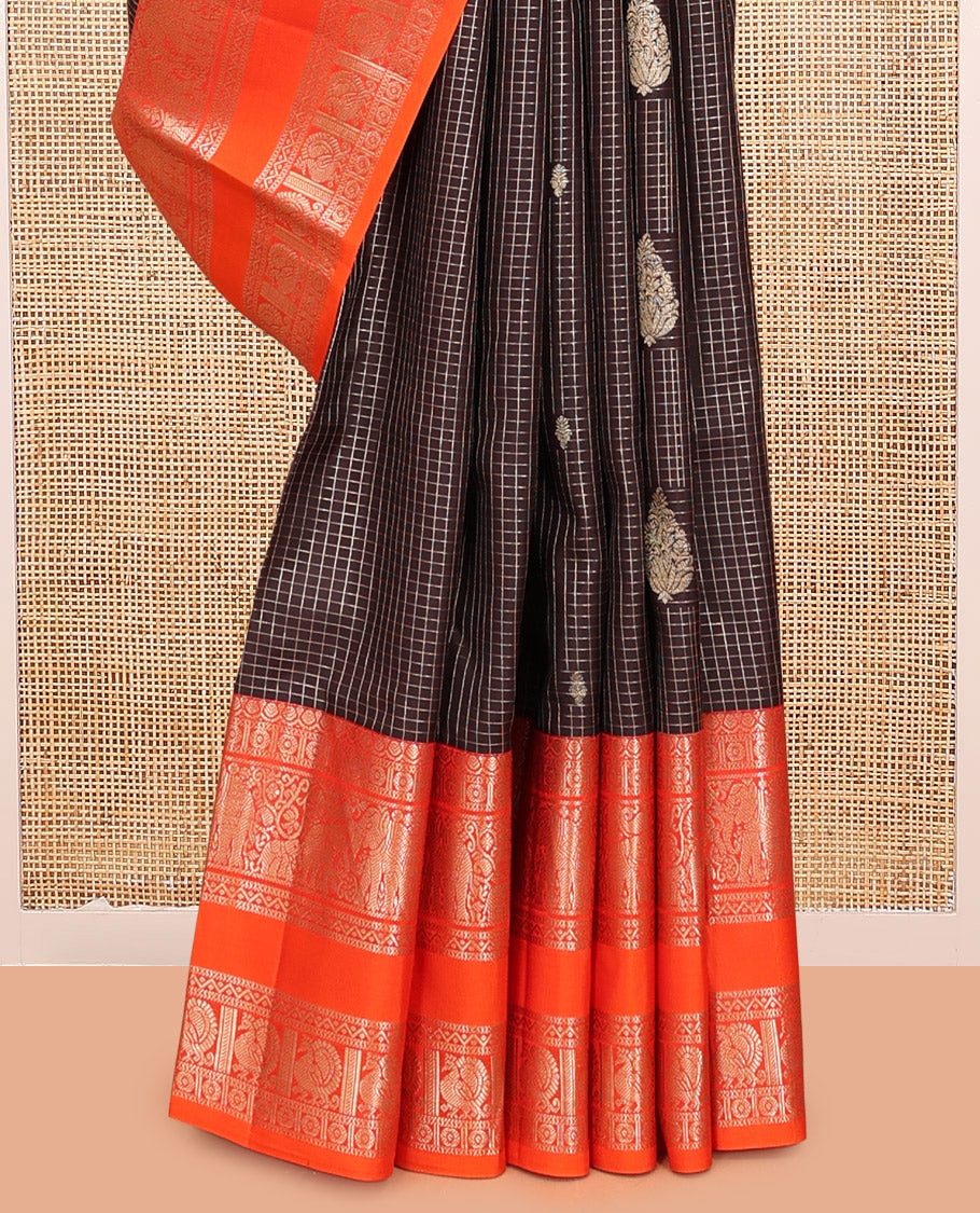 Brown Vasundhara Silk Saree, Woven with Zari Buttas and Checks, a Contrast Rettai Pettu Border of Yaanai, Mayil, and Neli Designs, Grand Pallu, and a Contrast Blouse