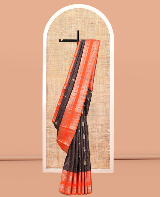 Brown Vasundhara Silk Saree, Woven with Zari Buttas and Checks, a Contrast Rettai Pettu Border of Yaanai, Mayil, and Neli Designs, Grand Pallu, and a Contrast Blouse