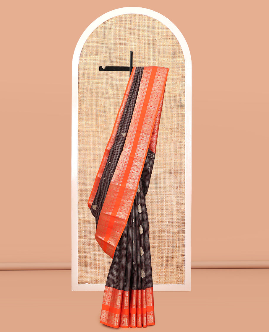 Brown Vasundhara Silk Saree, Woven with Zari Buttas and Checks, a Contrast Rettai Pettu Border of Yaanai, Mayil, and Neli Designs, Grand Pallu, and a Contrast Blouse