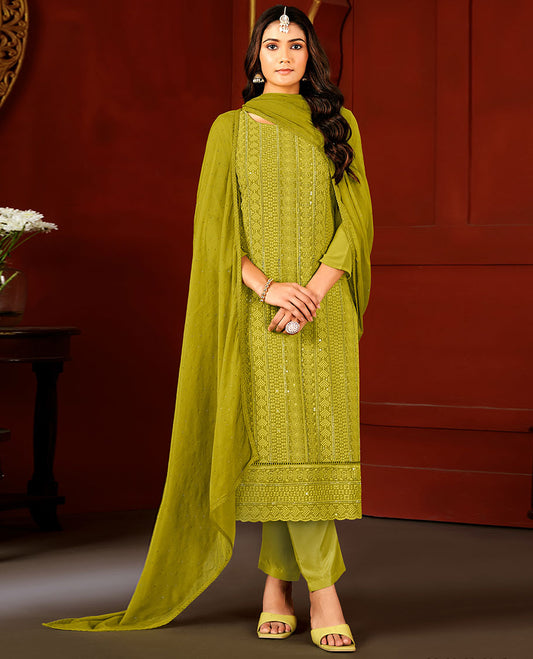 Parrot green material catalogue chudidar set, chikankari-style thread embroidered with sequins work top, plain bottom & micro-stone work dupatta
