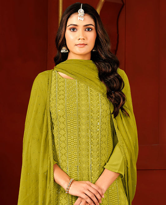 Parrot green material catalogue chudidar set, chikankari-style thread embroidered with sequins work top, plain bottom & micro-stone work dupatta
