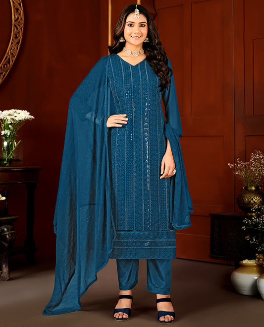 Blue material catalogue chudidar set, chikankari-style thread embroidered with sequins work top, plain bottom, & micro-stone work dupatta
