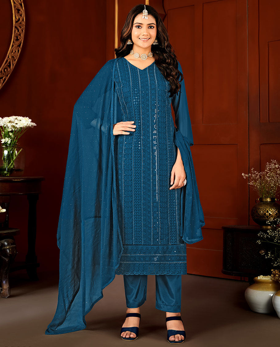 Blue material catalogue chudidar set, chikankari-style thread embroidered with sequins work top, plain bottom, & micro-stone work dupatta