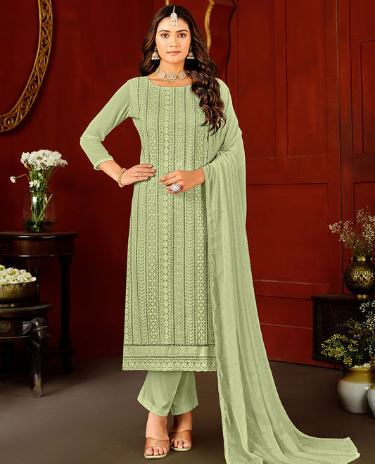 Pista green material catalogue chudidar set, chikankari-style thread embroidered & sequins work top, plain bottom, & micro-stone work dupatta