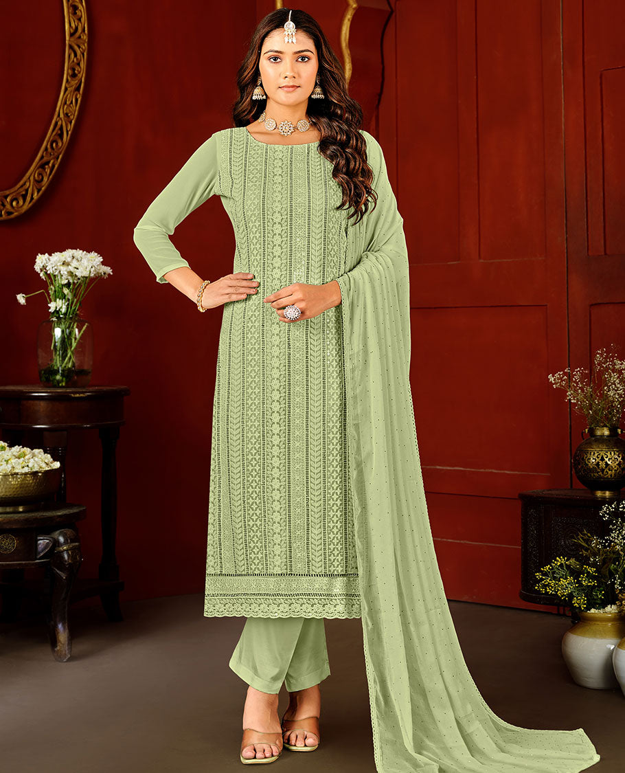 Pista green material catalogue chudidar set, chikankari-style thread embroidered & sequins work top, plain bottom, & micro-stone work dupatta