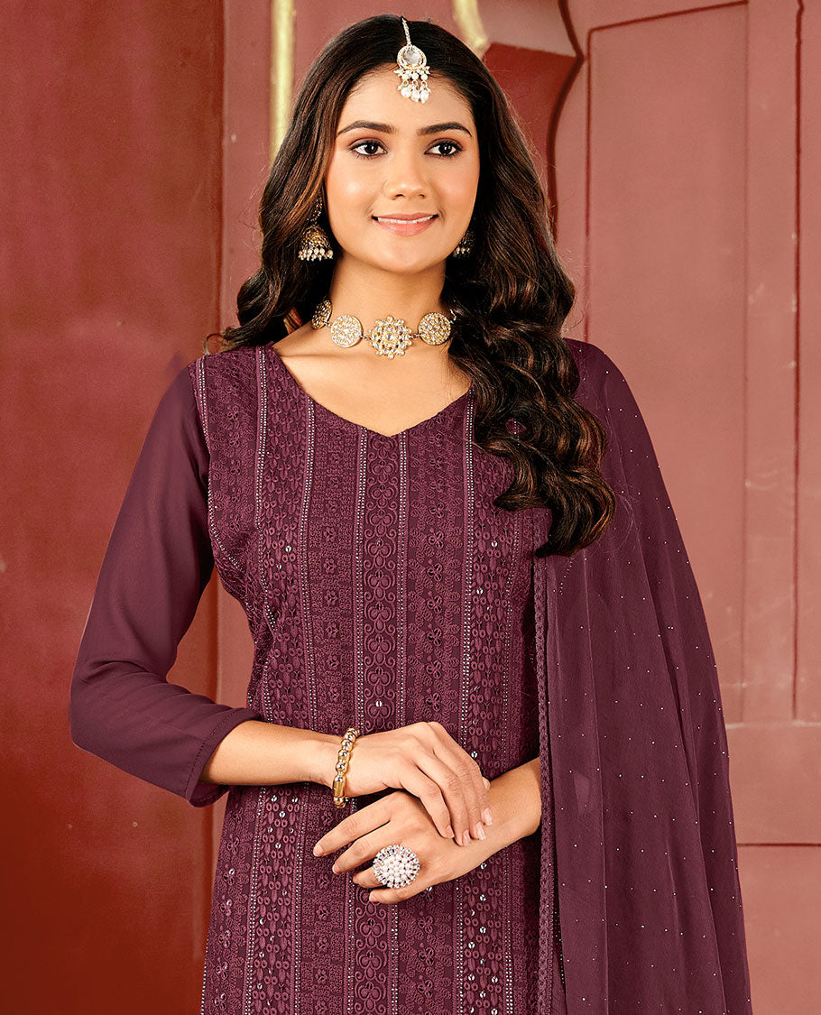 Burgundy material catalogue chudidar set, chikankari-style thread embroidered & sequins work top, plain bottom, & micro-stone work dupatta