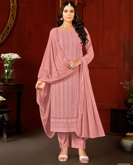 New York pink material catalogue chudidar set,chikankari thread embroidery & sequins work top,plain bottom, & micro-stonework dupatta