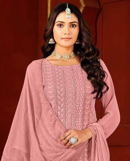New York pink material catalogue chudidar set,chikankari thread embroidery & sequins work top,plain bottom, & micro-stonework dupatta
