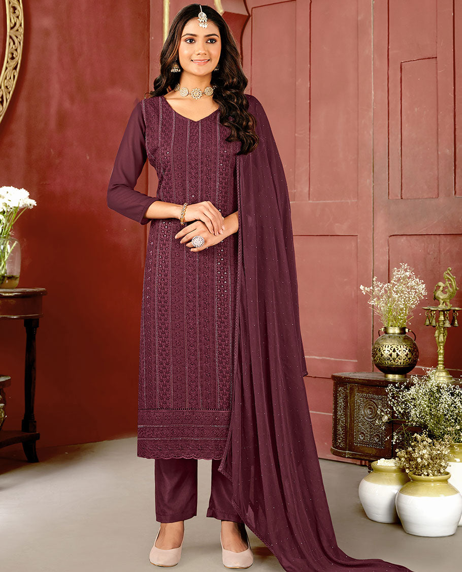 Burgundy material catalogue chudidar set, chikankari-style thread embroidered & sequins work top, plain bottom, & micro-stone work dupatta