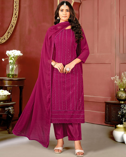 Purple material catalogue chudidar set,chikankari thread embroidery & sequins work top,plain bottom, & micro-stonework dupatta