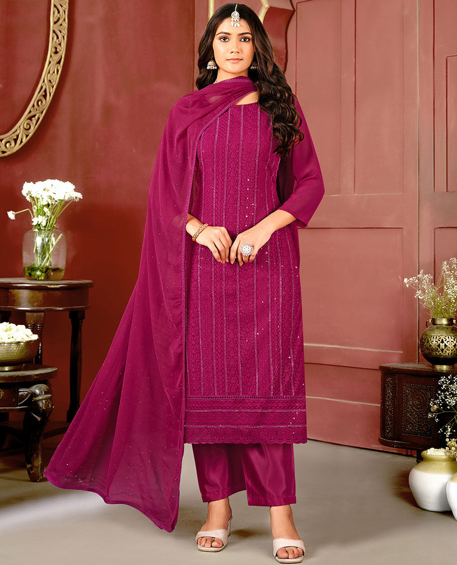 Purple material catalogue chudidar set,chikankari thread embroidery & sequins work top,plain bottom, & micro-stonework dupatta