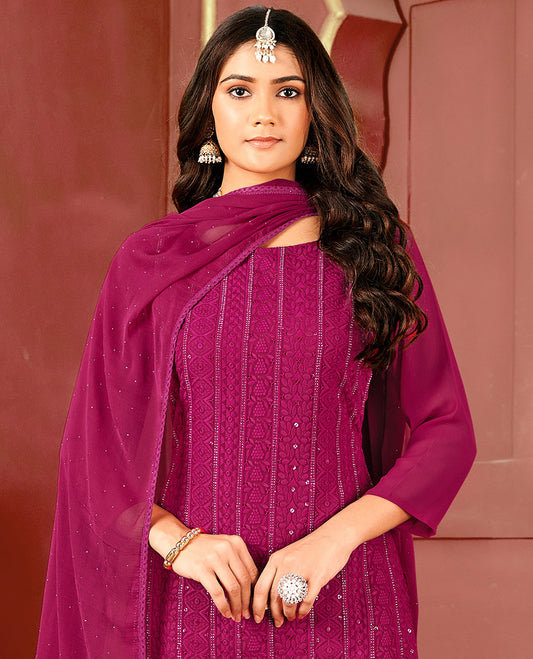 Purple material catalogue chudidar set,chikankari thread embroidery & sequins work top,plain bottom, & micro-stonework dupatta