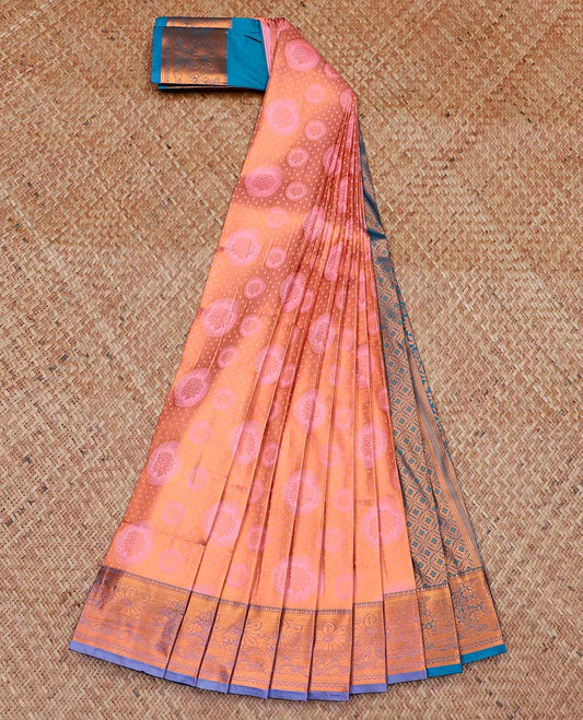 Peach jacquard art silk saree, contrast floral design zari border & pallu of intricate designs