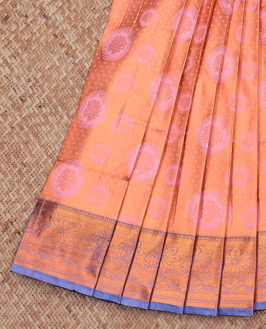 Peach jacquard art silk saree, contrast floral design zari border & pallu of intricate designs
