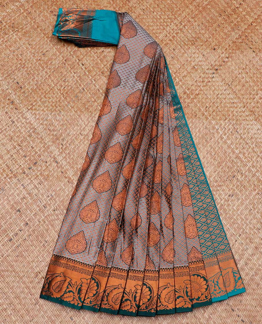 Grey jacquard art silk saree, contrast traditional design zari border & pallu of jaal designs
