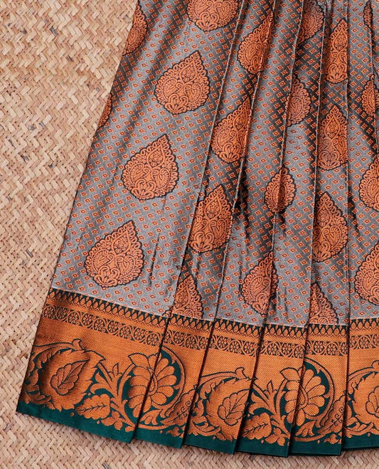 Grey jacquard art silk saree, contrast traditional design zari border & pallu of jaal designs