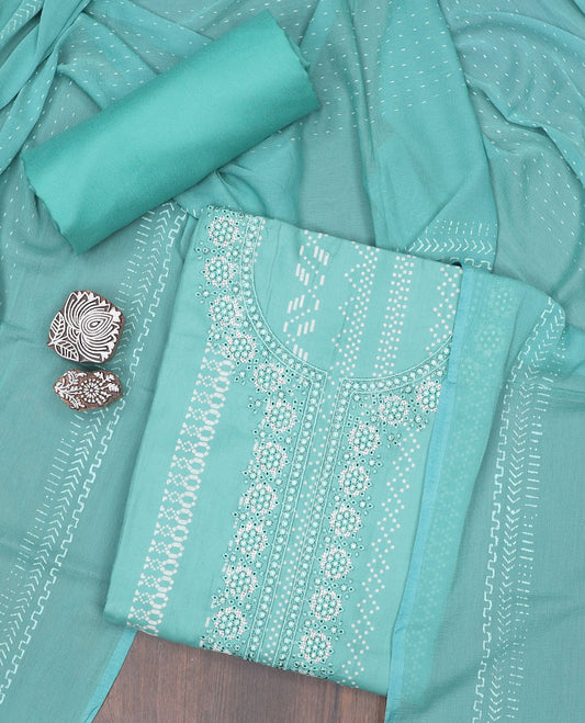 Green material chudidhar, geometric print & embroidery top,plain bottom & dupatta of chevron,strip & greek key designs