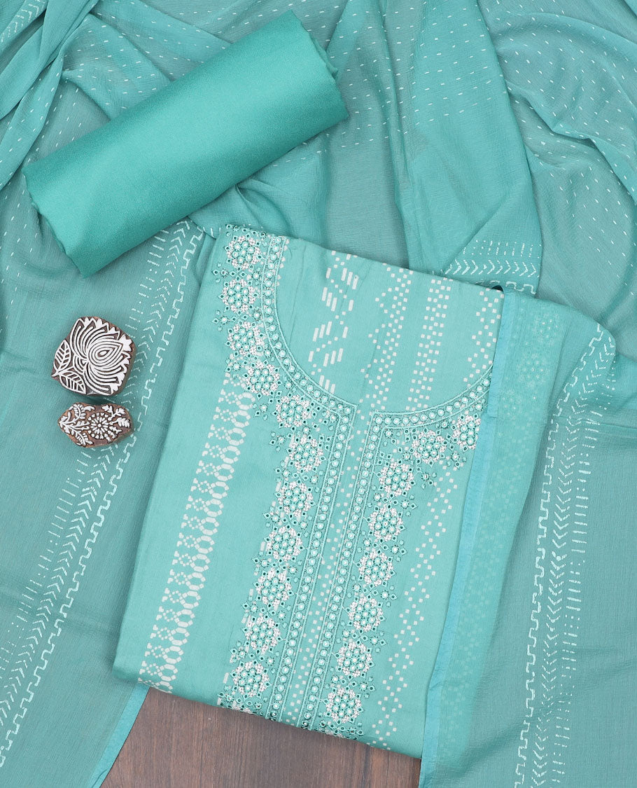 Green material chudidhar, geometric print & embroidery top,plain bottom & dupatta of chevron,strip & greek key designs