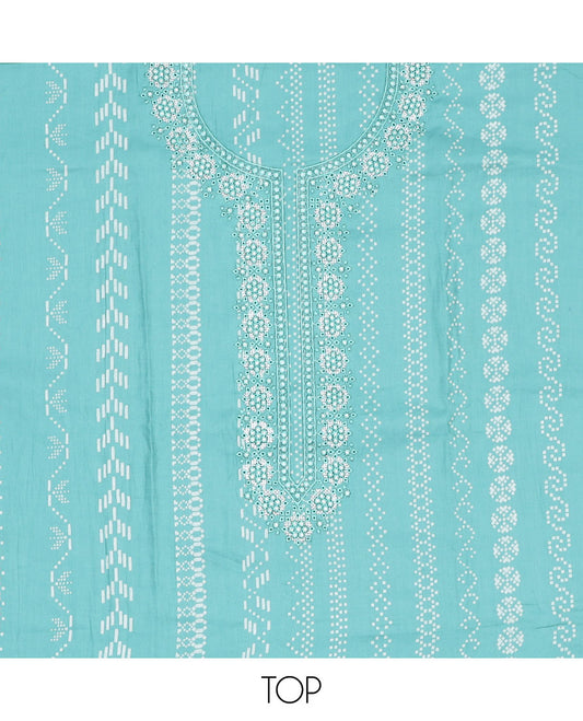 Green material chudidhar, geometric print & embroidery top,plain bottom & dupatta of chevron,strip & greek key designs