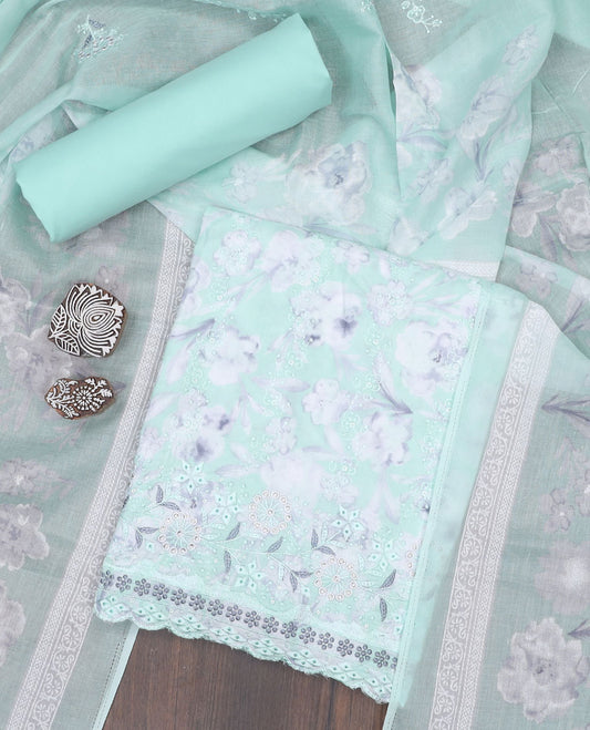 Blue material chudidhar, floral printed & embroidered cotton top,plain bottom & floral printed cotton dupatta