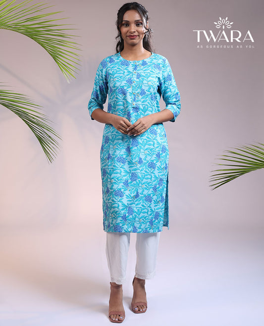Twara blue floral vine printed round neck & 3/4th sleeve rayon straight-cut below-knee kurti