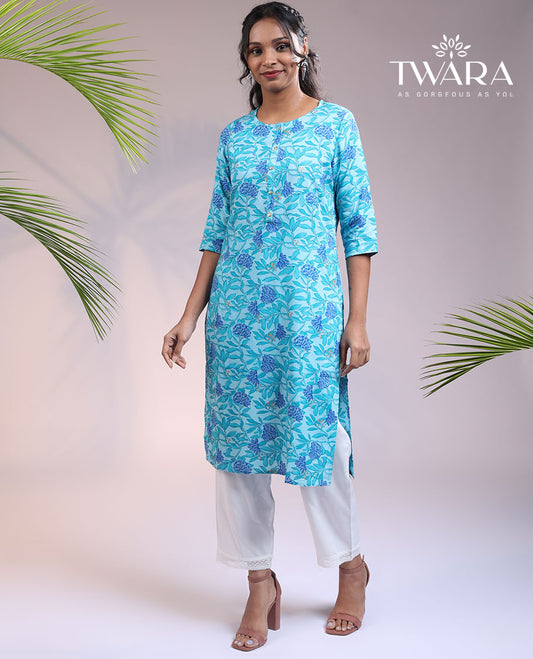 Twara blue floral vine printed round neck & 3/4th sleeve rayon straight-cut below-knee kurti
