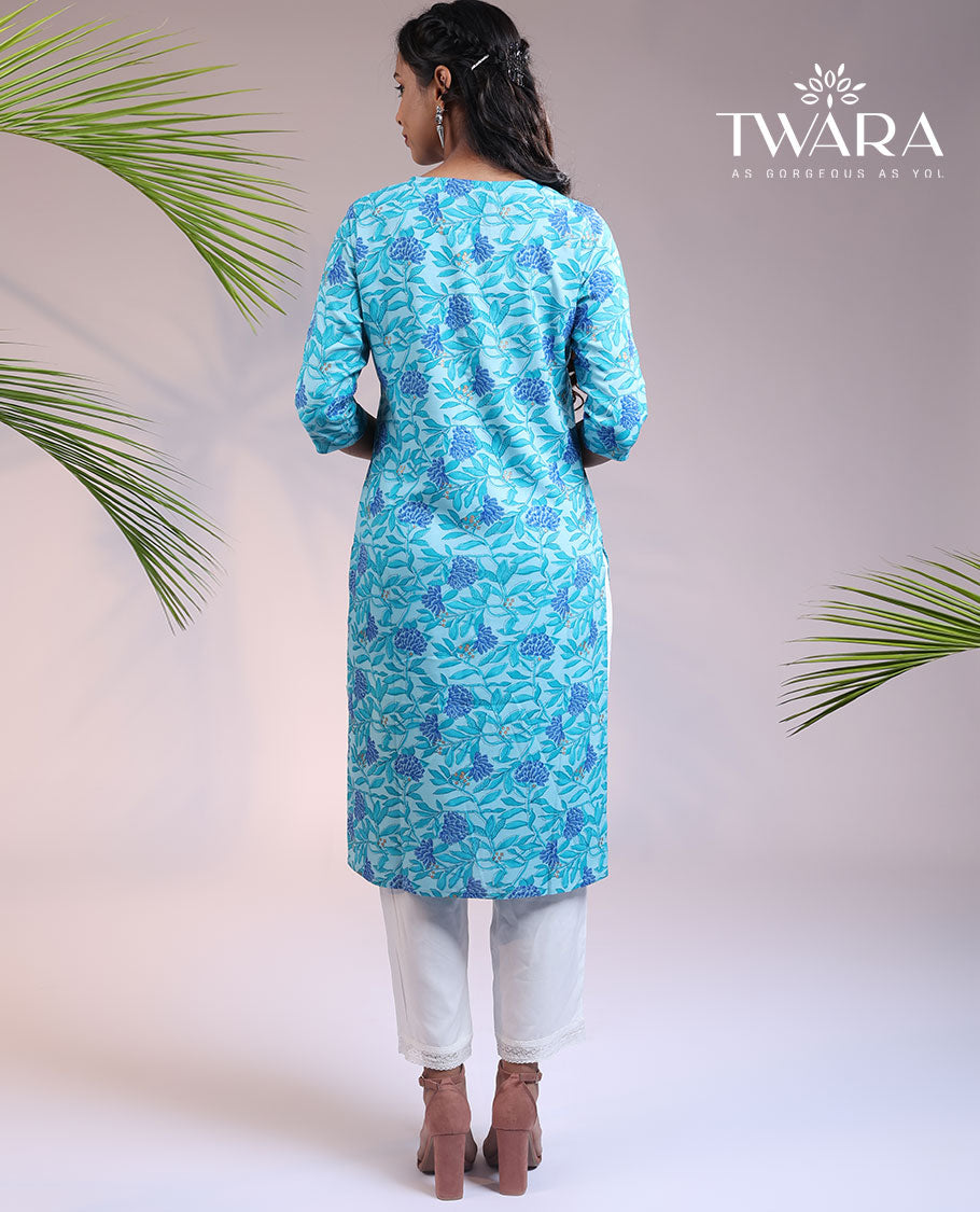 Twara blue floral vine printed round neck & 3/4th sleeve rayon straight-cut below-knee kurti
