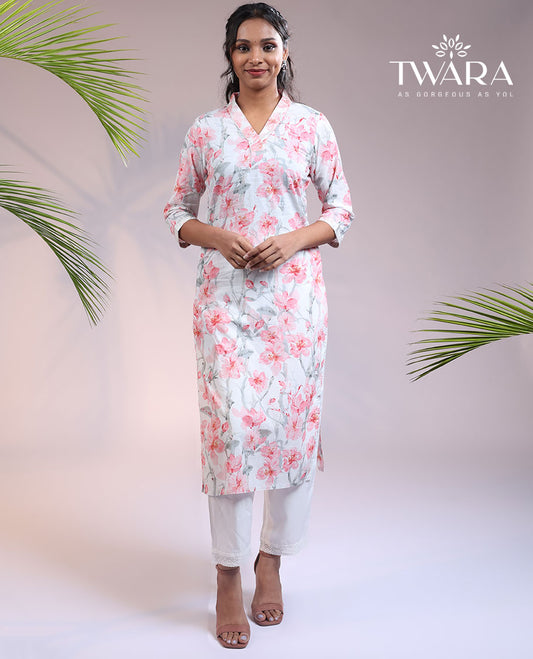 Twara off-white floral vine printed  V-neck & 3/4th sleeve rayon straight-cut below-knee kurti