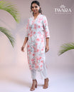 Twara off-white floral vine printed  V-neck & 3/4th sleeve rayon straight-cut below-knee kurti