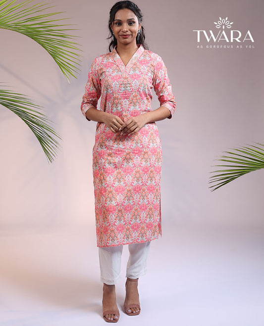Twara pink intricately printed V-neck & 3/4th sleeve cotton straight-cut below-knee kurti