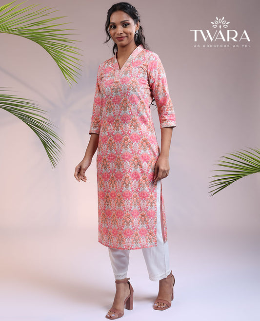 Twara pink intricately printed V-neck & 3/4th sleeve cotton straight-cut below-knee kurti
