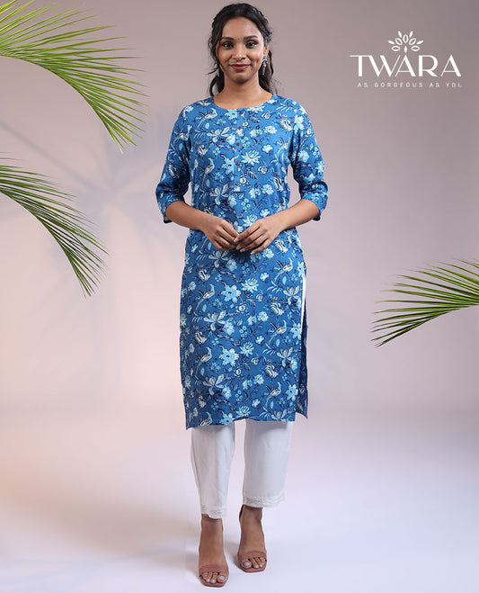 Twara blue floral printed round neck & 3/4th sleeve rayon straight-cut below-knee kurti