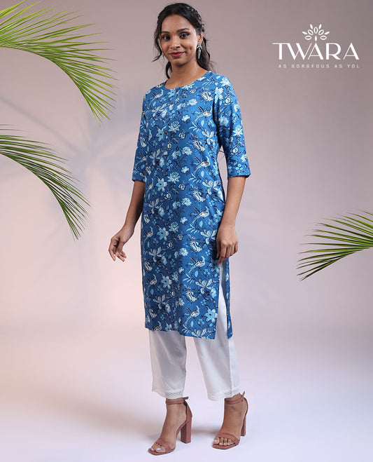 Twara blue floral printed round neck & 3/4th sleeve rayon straight-cut below-knee kurti