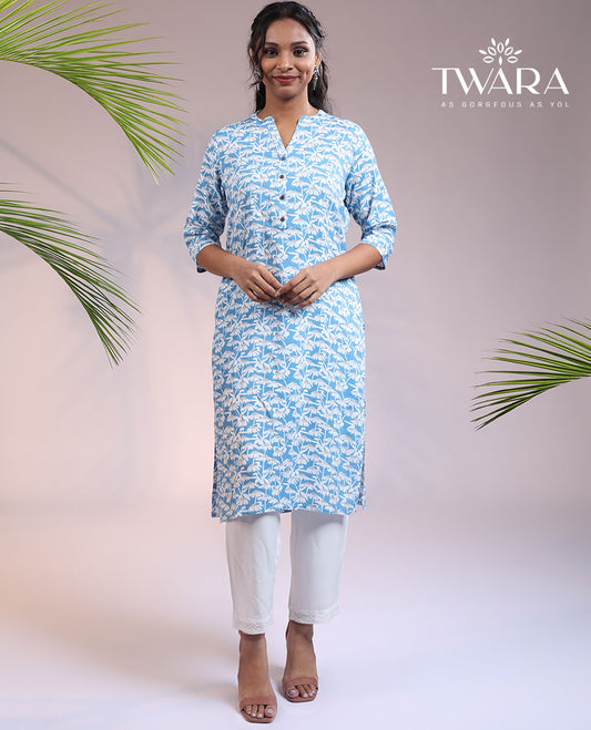 Twara blue floral Chinese collar & 3/4th sleeve rayon straight-cut below-knee kurti