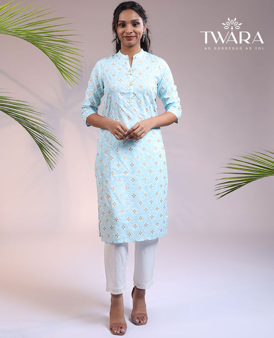 Twara pale blue unique buttas Chinese collar & 3/4th sleeve rayon straight-cut below-knee kurti
