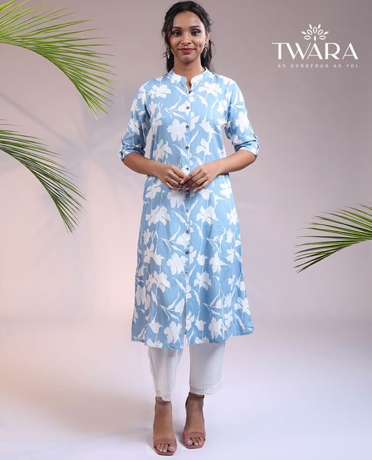 Twara blue floral vine printed Chinese collar & 3/4th sleeve rayon straight-cut below-knee kurti
