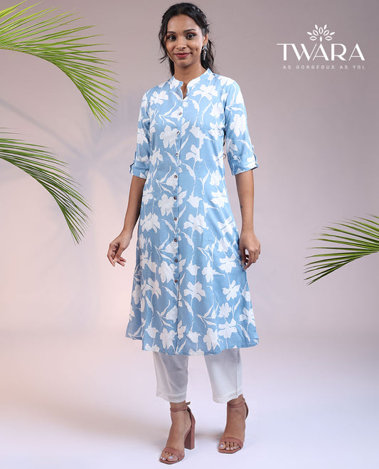 Twara blue floral vine printed Chinese collar & 3/4th sleeve rayon straight-cut below-knee kurti