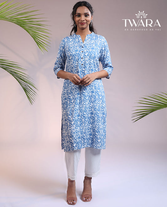 Twara blue uniquely printed Chinese collar & 3/4th sleeve rayon straight-cut below-knee kurti
